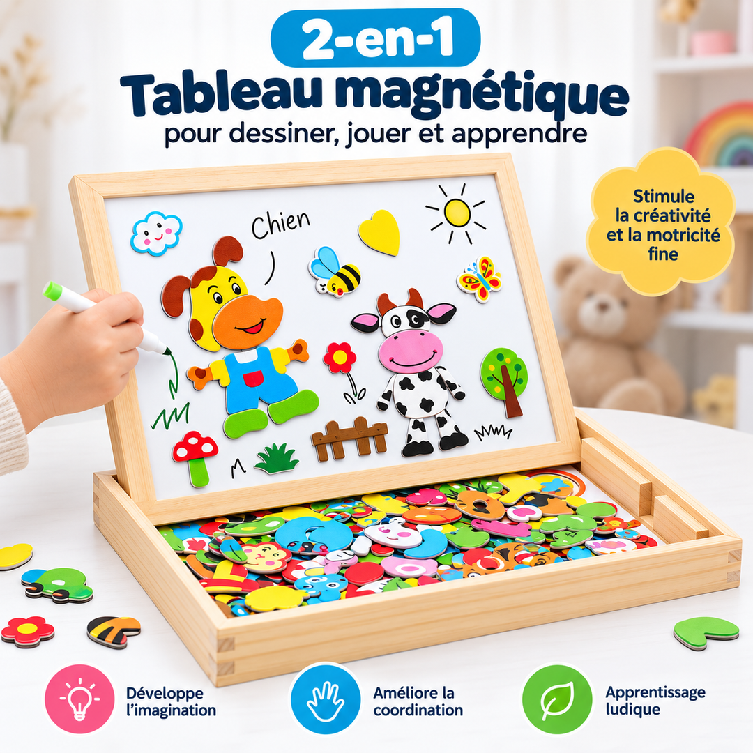 Gros plan sur les lettres et formes magnétiques colorées d'un tableau Montessori en bois pour jeunes enfants.