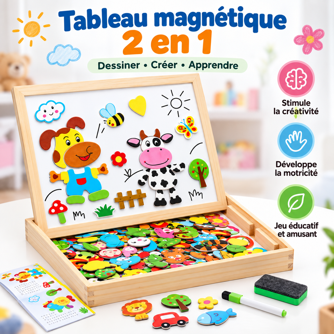Tableau de dessin réversible en bois pour enfants, une face magnétique et une face pour craie ou feutre.
