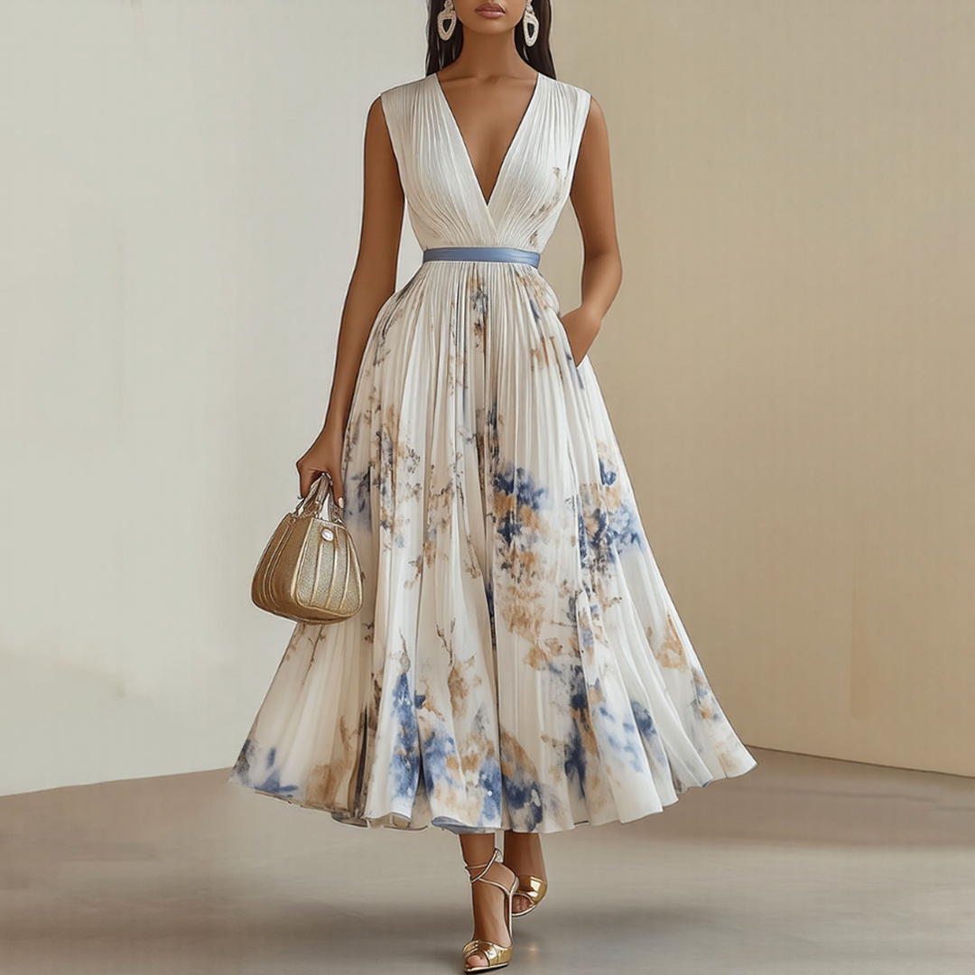 Robe de cérémonie midi femme Elara, col V, sans manches, élégante et polyvalente.