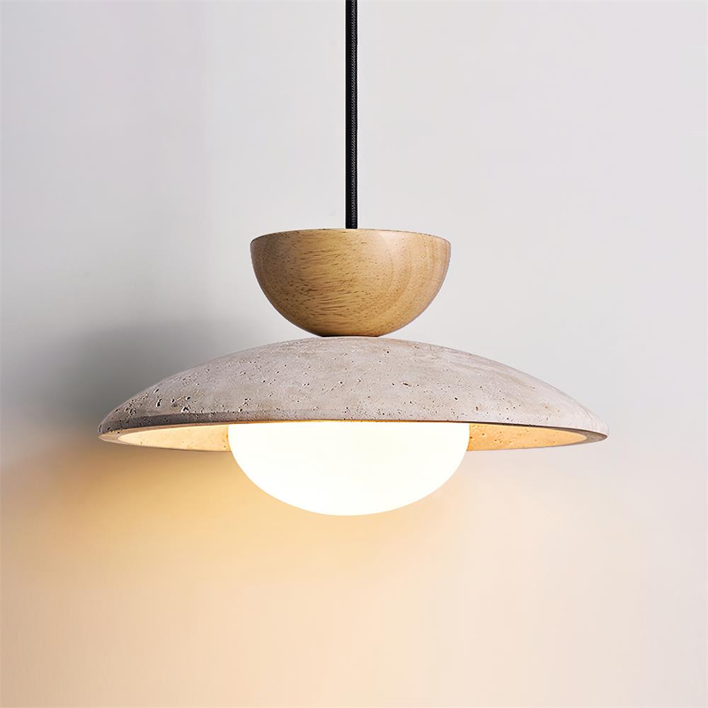 Suspension travertin moderne, verre transparent, touche de bois pour le bureau.
