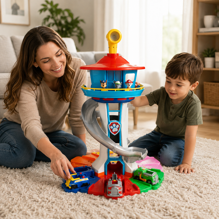 Tour de jeu pour enfant avec ascenseur, toboggan, piste de course et figurines pour des aventures infinies.