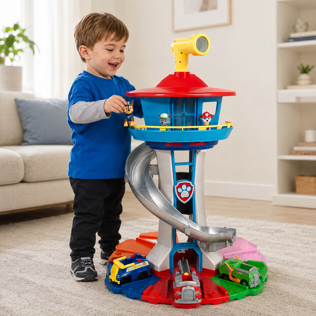 Tour de jeu d'aventure pour enfants, jouet complet avec figurines, véhicules et piste, parfait pour le jeu de rôle et le fun.