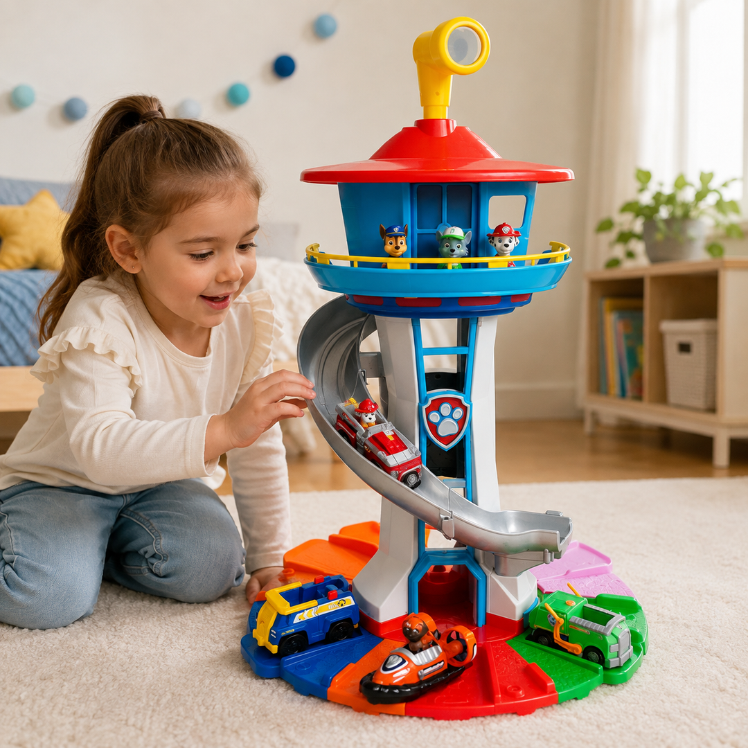 Ensemble de jeu Paw Patrol: tour d'aventure géante avec Chase, Marcus et leurs véhicules sur une piste.