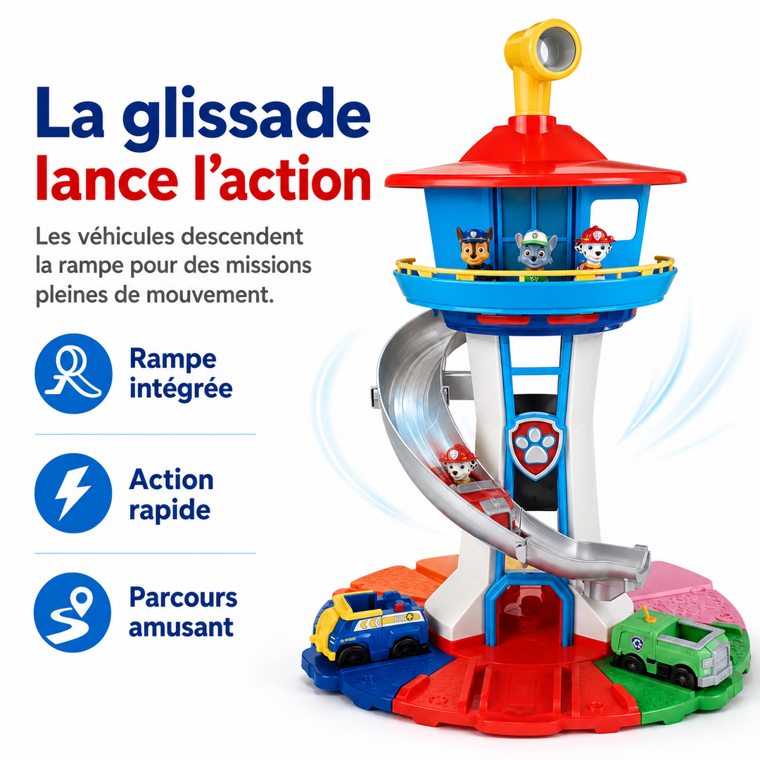 Enfants explorant une tour de jeu d'aventure, faisant glisser véhicules sur la piste avec des figurines.