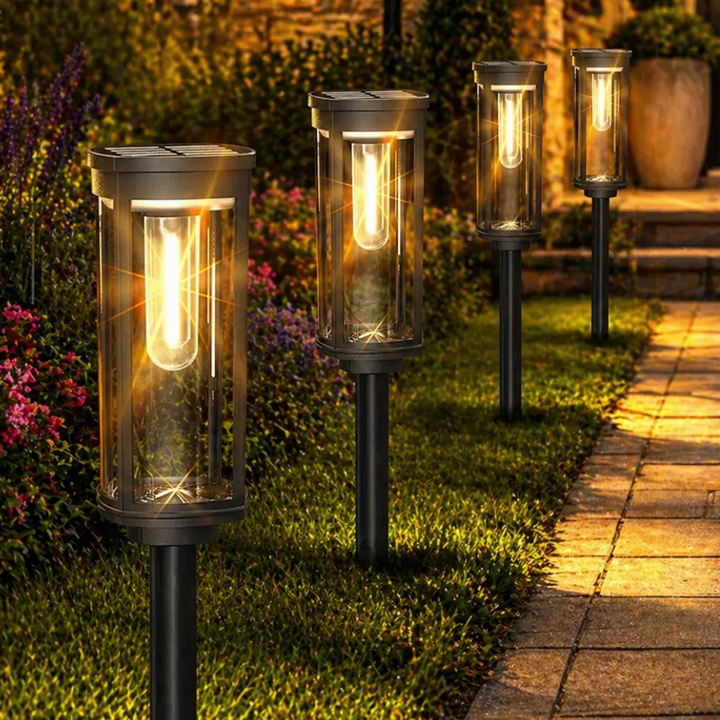 Piquet solaire LED polyvalent, éclairage de chemin, balisage et décoration de jardin moderne.