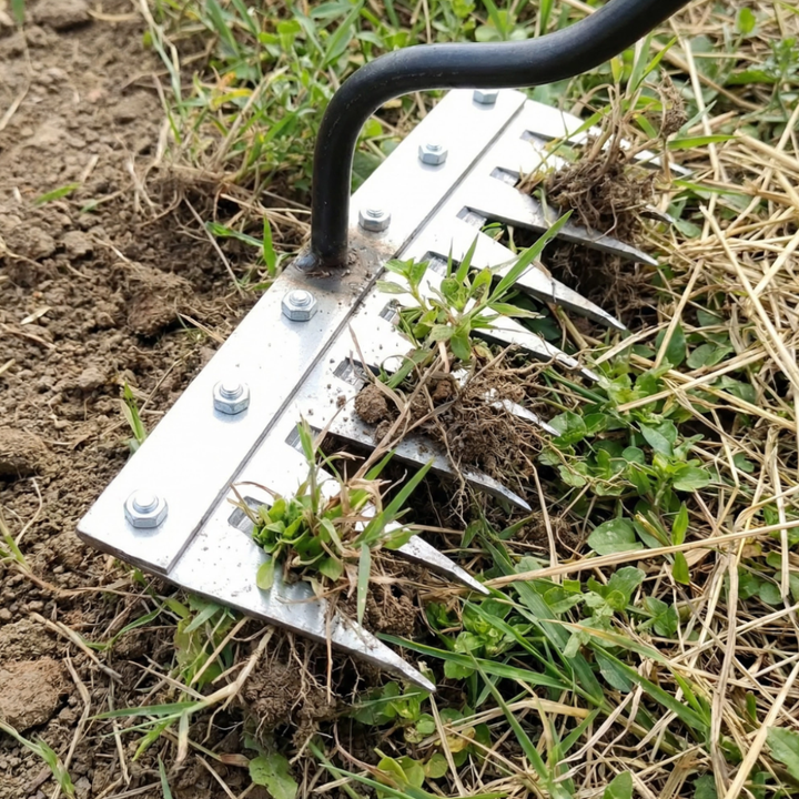 Râteau de désherbage manuel en action, éliminant les mauvaises herbes du potager pour un jardin sain.