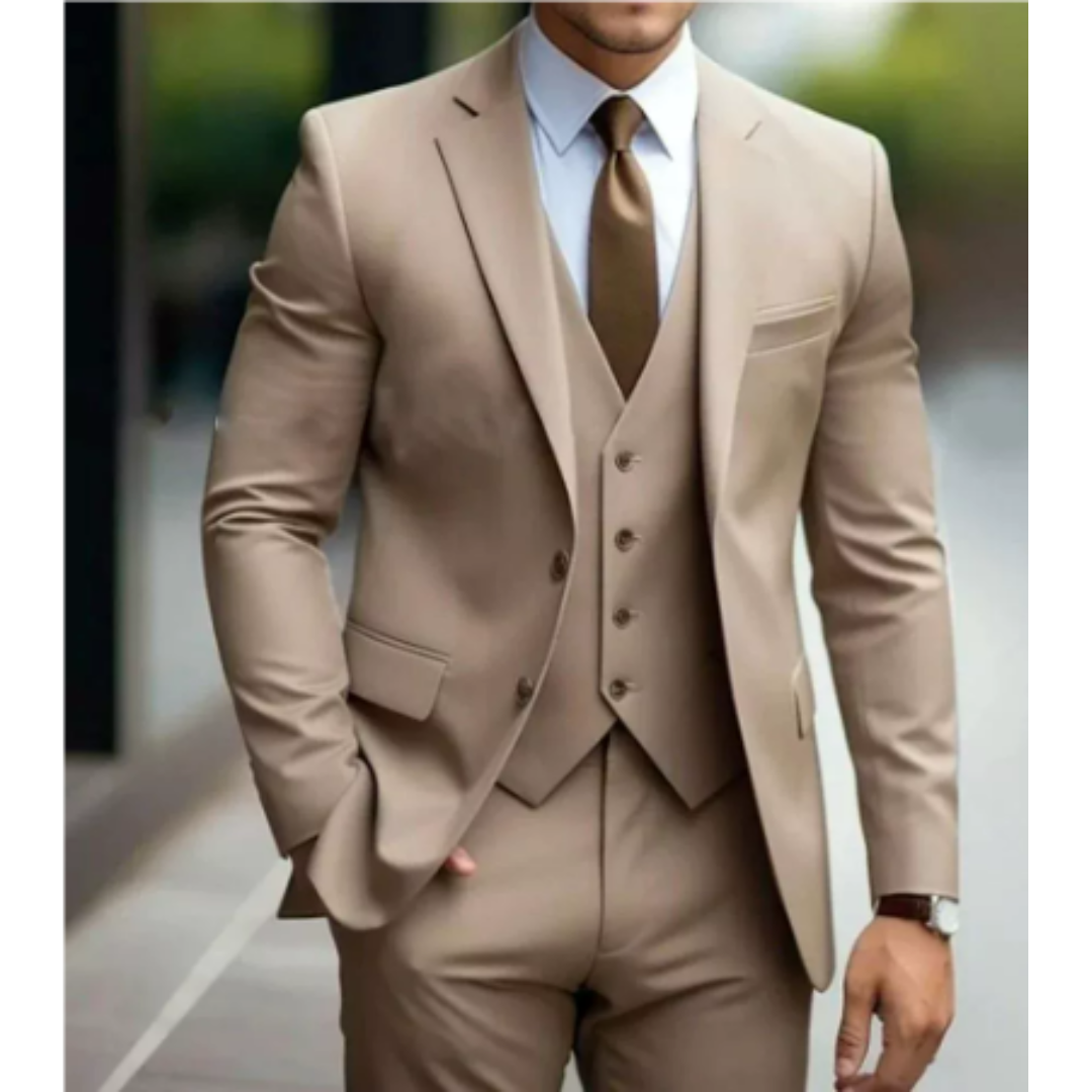 Vue latérale d'un costume homme 3 pièces moderne, coupe ajustée, élégance pour mariage.