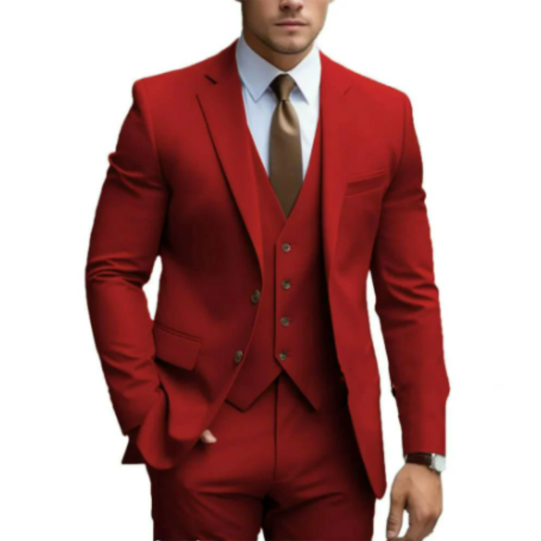 Costume homme 3 pièces avec accessoires (cravate, pochette) pour un look mariage complet.
