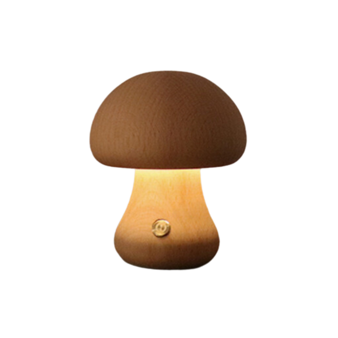 Lampe de table champignon en bois, style vintage, diffuse une lumière douce et naturelle.