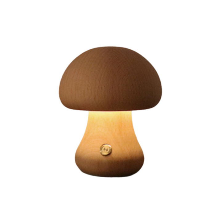 Lampe de table champignon en bois, style vintage, diffuse une lumière douce et naturelle.