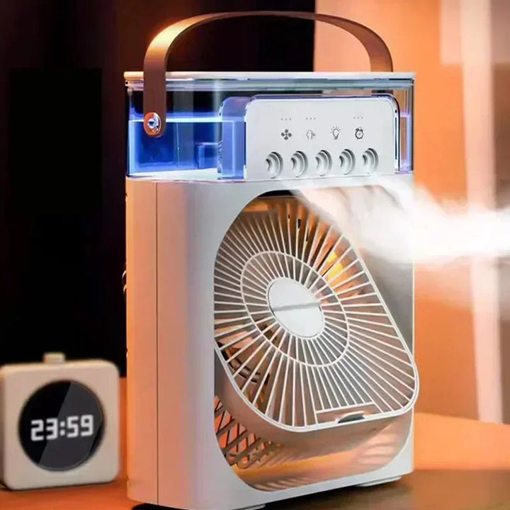 Climatiseur mobile ventilateur brumisateur USB portable. Rafraîchisseur d'air 3 vitesses parfait pour la maison ou le bureau.