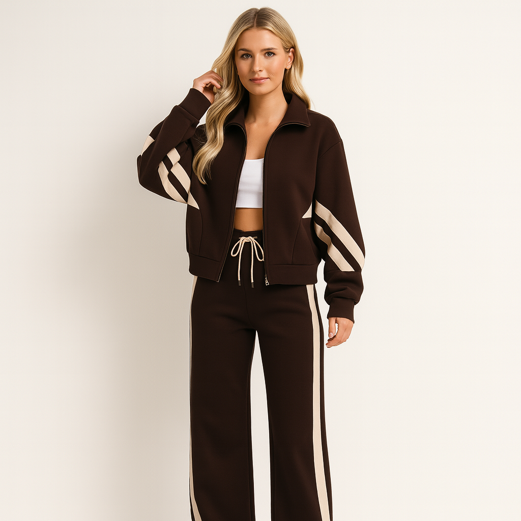 Ensemble sport chic femme, veste et pantalon taille haute, confortable et élégant, parfait pour le quotidien.
