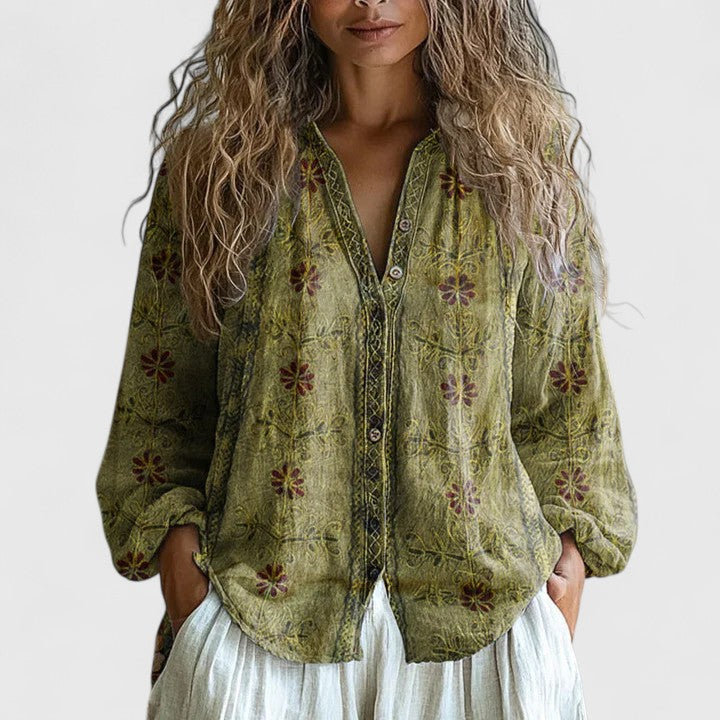 Blouse femme chic et polyvalente avec motif feuillage rétro. Tissu confortable pour un style mode unique.