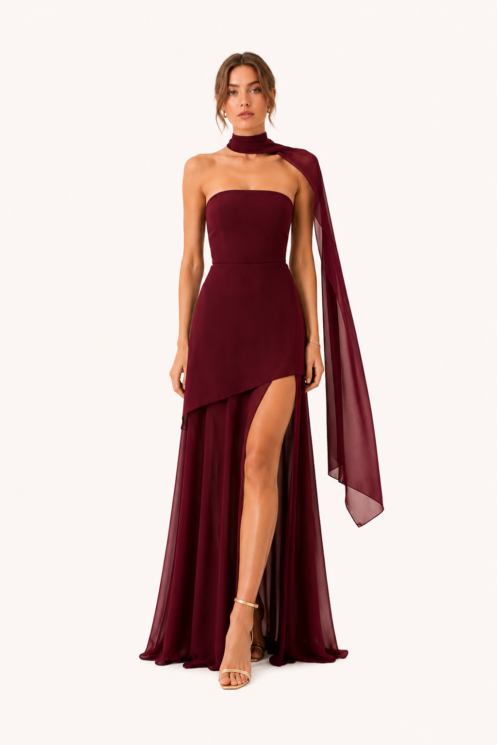 Robe longue femme élégante avec fente haute pour cérémonie, mariage ou soirée d'invitée, chic et raffinée.
