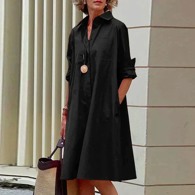 Robe midi casual femme élégante et confortable, style polyvalent avec poches pratiques.