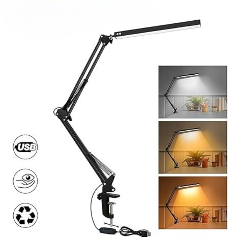 Lampe de travail LED contemporaine avec lumière ajustable et intensité dimmable. Bras flexible. Idéale pour un poste moderne.
