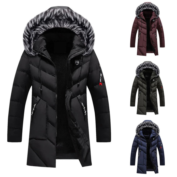 Veste chaude homme Theo, style parka urbaine. Matelassée pour le grand froid. Capuche en fausse fourrure de qualité.