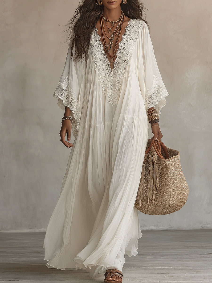 Robe bohème femme élégante, longue et fluide, avec délicate dentelle. Parfaite pour le printemps, l'été, la plage ou les vacances.