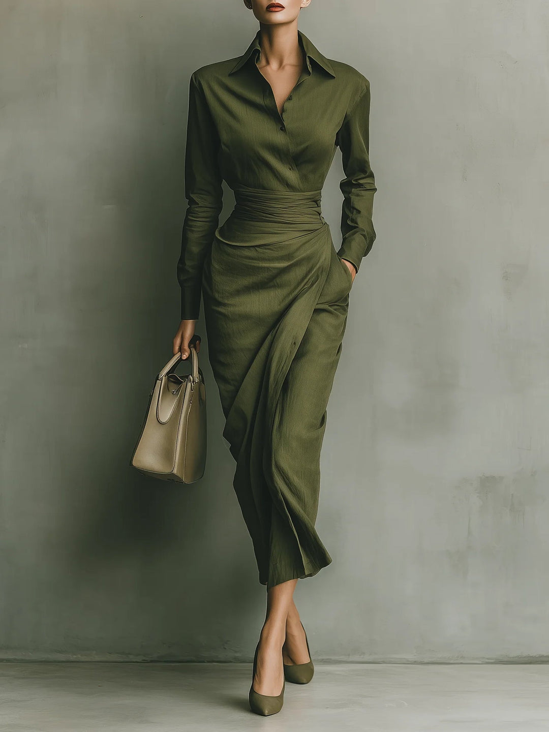 Robe enveloppante cintrée verte pour femme, élégante et chic, parfaite pour soirée ou bureau.