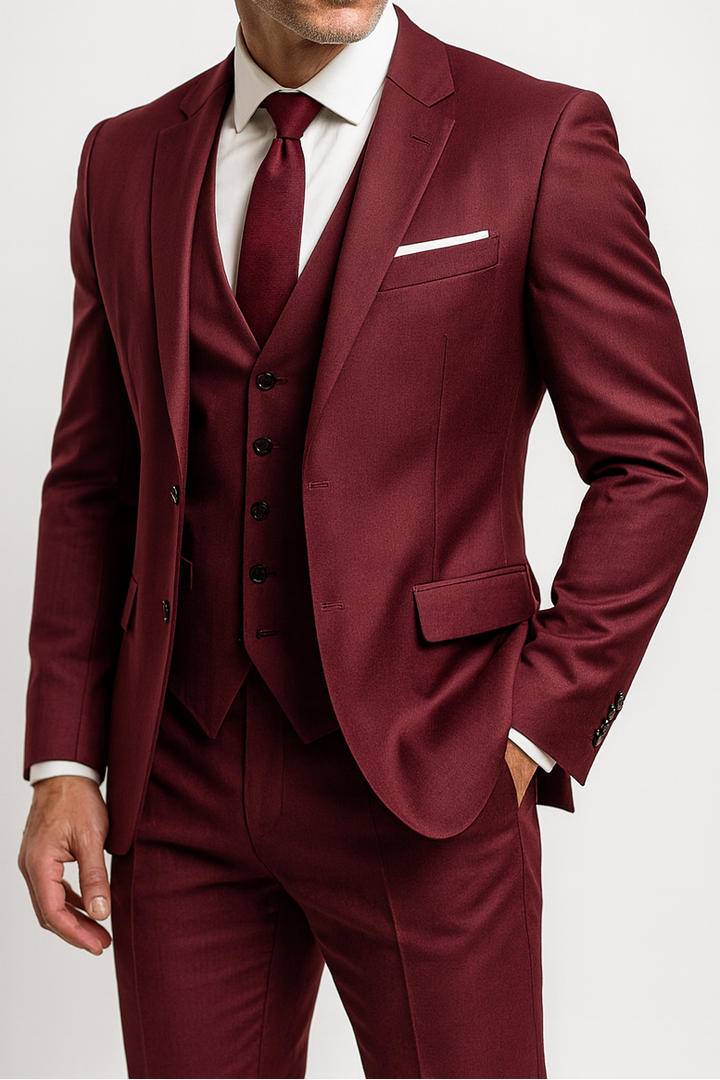 Vue arrière du costume trois pièces homme, pantalon et veste bien coupés et ajustés.