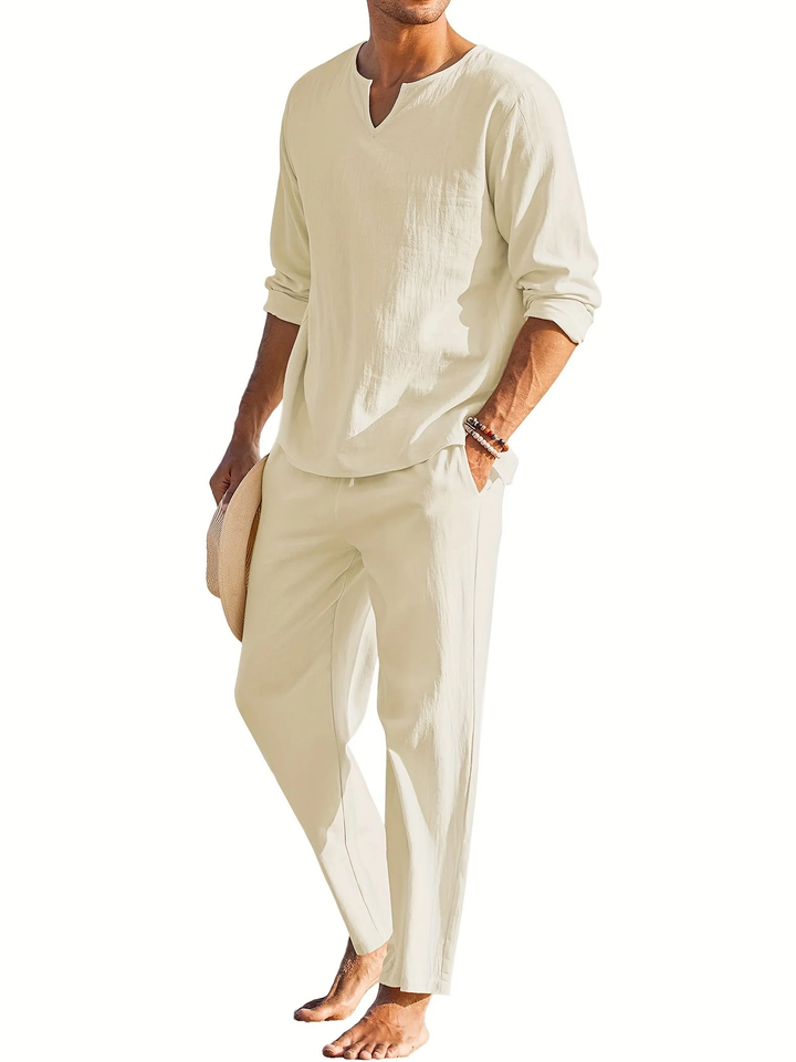 Ensemble 2 pièces homme, chemise décontractée manches longues et pantalon fluide pour un style confort d'été.