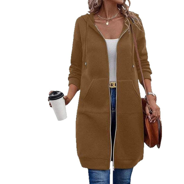 Sweat long à capuche zippé femme, décontracté et chaud. Idéal comme tunique confortable hiver/automne.