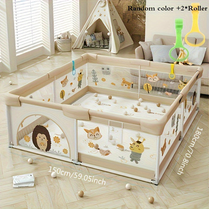 Boîte de jeu d'éveil conçue pour bébés et jeunes enfants, offrant un environnement sûr pour explorer et jouer.