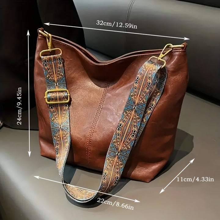 Sac femme rétro géométrique, en similicuir, bandoulière ajustable, mode et spacieux.