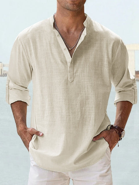 Chemise homme style décontracté pour l'été, col chinois. Tissu respirant, look mode et léger.