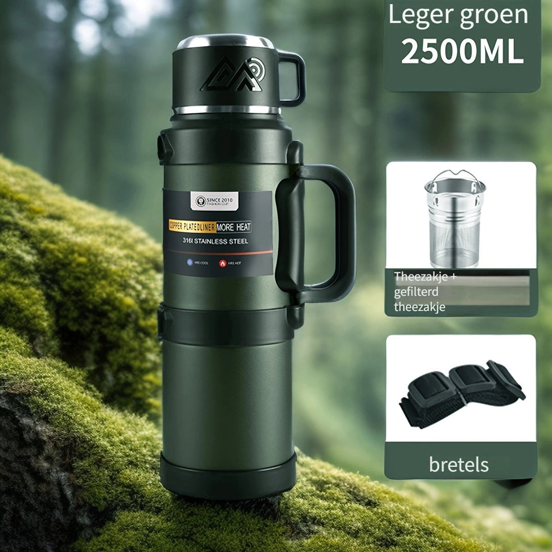 Thermos portable robuste avec poignée, idéal camping, sport; maintient vos boissons à température.