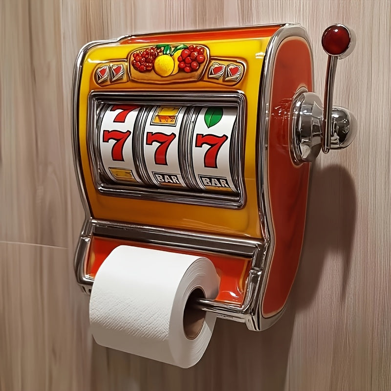Porte-papier toilette mural design machine à sous, accessoire ludique pour salle de bain moderne.