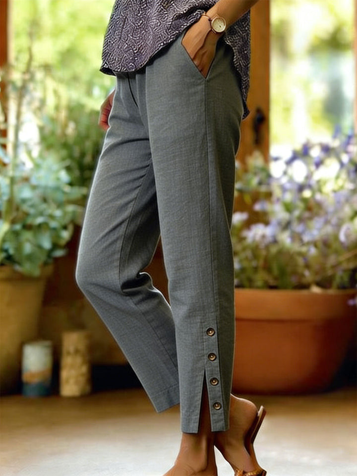 Pantalon fluide et confortable pour femme en coton et lin, parfait pour les journées d'été décontractées.