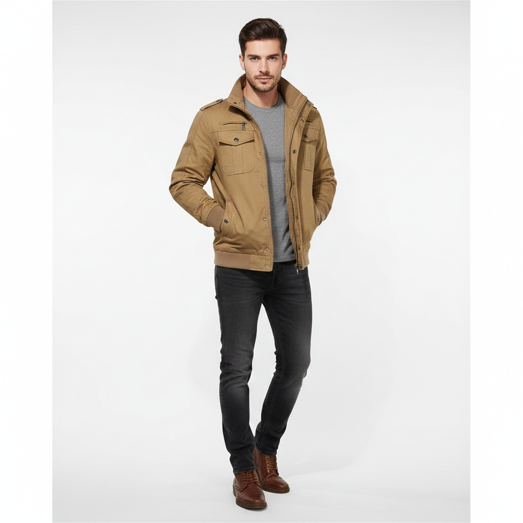 Blouson aviateur homme élégant, veste pilote chaude pour l'hiver et l'automne, style casual mode avec col montant.