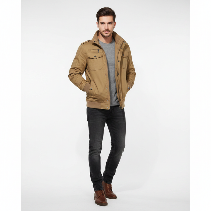 Blouson aviateur homme élégant, veste pilote chaude pour l'hiver et l'automne, style casual mode avec col montant.