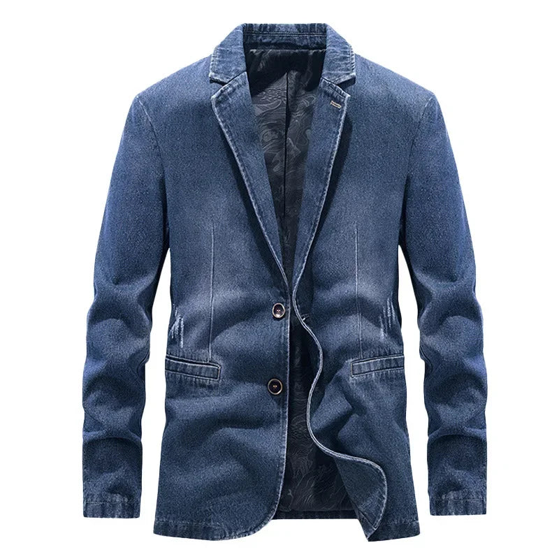 Veste décontractée homme, style usé délavé, deux boutons. Idéale pour un look automnal tendance et chic.