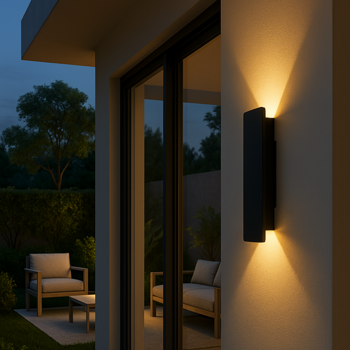 Applique murale LED extérieure design moderne, construction robuste en aluminium, résistante aux intempéries IP65.