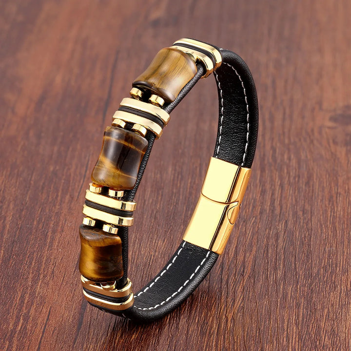Bracelet en cuir et œil-de-tigre pour homme et femme. Pierre naturelle réputée pour ses vertus protectrices.