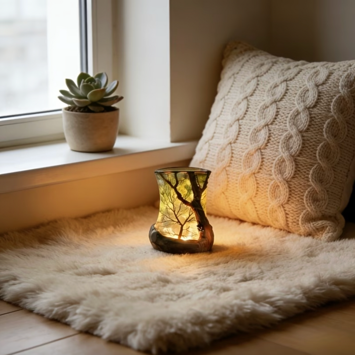 Lampe d'ambiance LED projetant des ombres d'arbres, créant une atmosphère relaxante pour salon ou chambre.