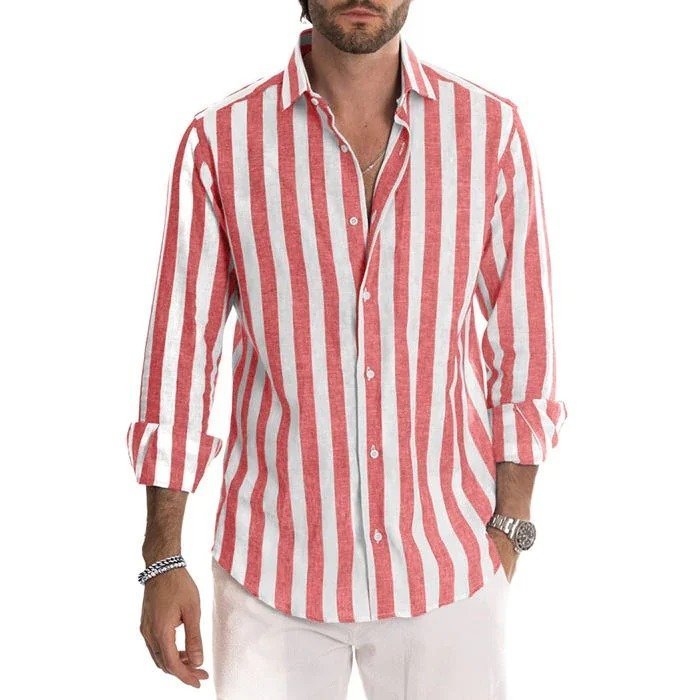 Chemise homme rayée rouge, coupe confortable et décontractée, idéale pour les vacances ou la plage.
