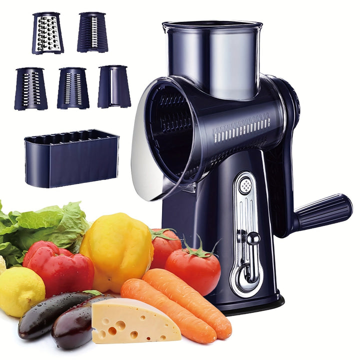 Ustensile de cuisine rapide: râpe rotative 5-en-1 pour légumes et fromage. Optimise votre temps en cuisine.
