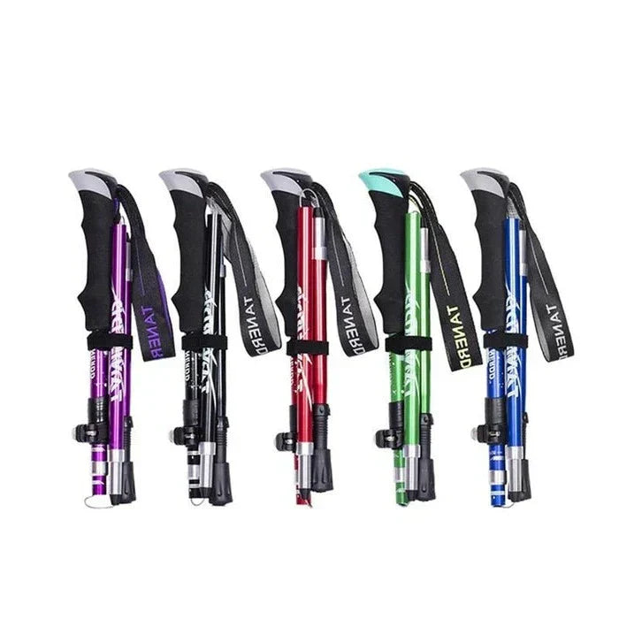 Bâtons de trekking pliables et réglables en aluminium, parfaits pour la randonnée et la marche en montagne.