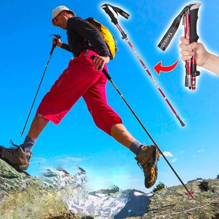Bâtons de randonnée pliables compacts pour un transport facile, ajustables pour trekking et marche en extérieur.