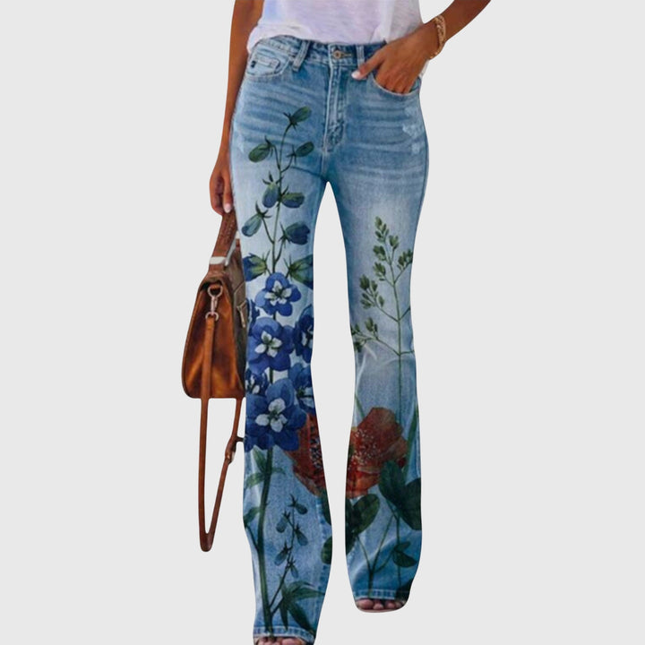 Pantalon femme évasé à imprimé floral vibrant, tissu fluide élégant, parfait pour le printemps-été.