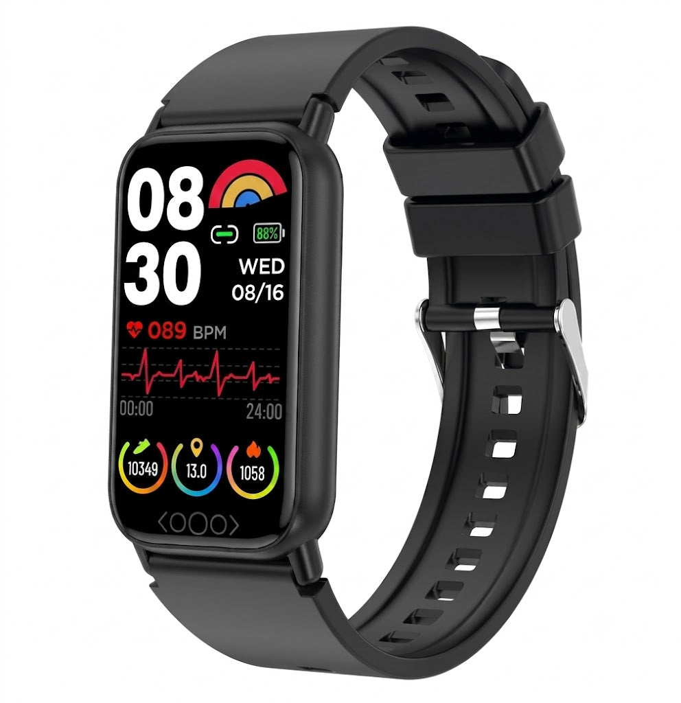Montre connectée intelligente noire pour seniors, avec appel Bluetooth et fonctions de sécurité SOS.