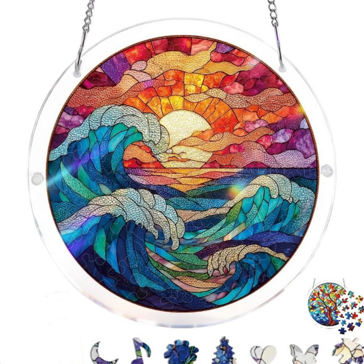 Suncatcher acrylique coucher de soleil mer, décoration fenêtre colorée suspendue.