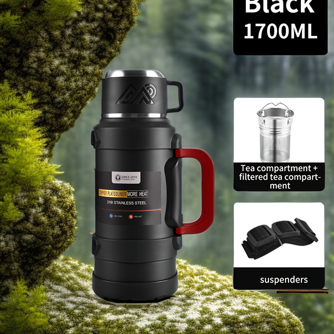 Thermos en inox brossé, design élégant, grande contenance, pour usage quotidien ou extérieur.