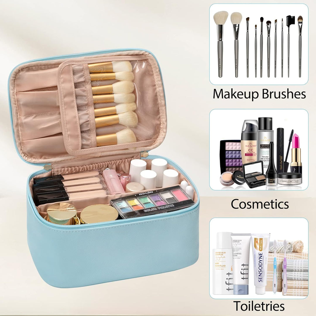 Organisateur maquillage voyage bleu pour femmes, avec séparateurs ajustables pour cosmétiques.