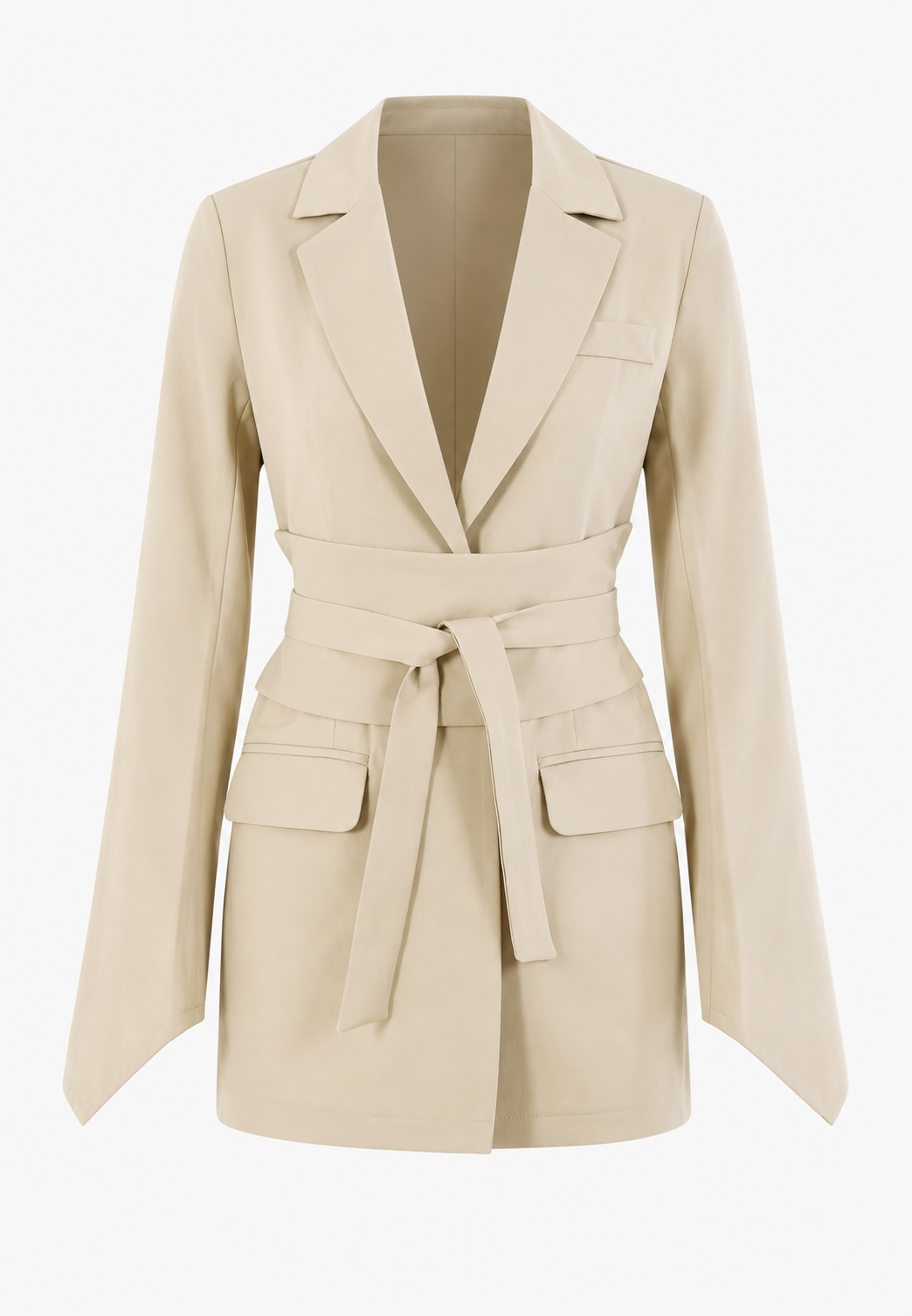 Blazer cintré blanc pour femme, chic et intemporel, avec ceinture ajustable, idéal pour le bureau ou une sortie.