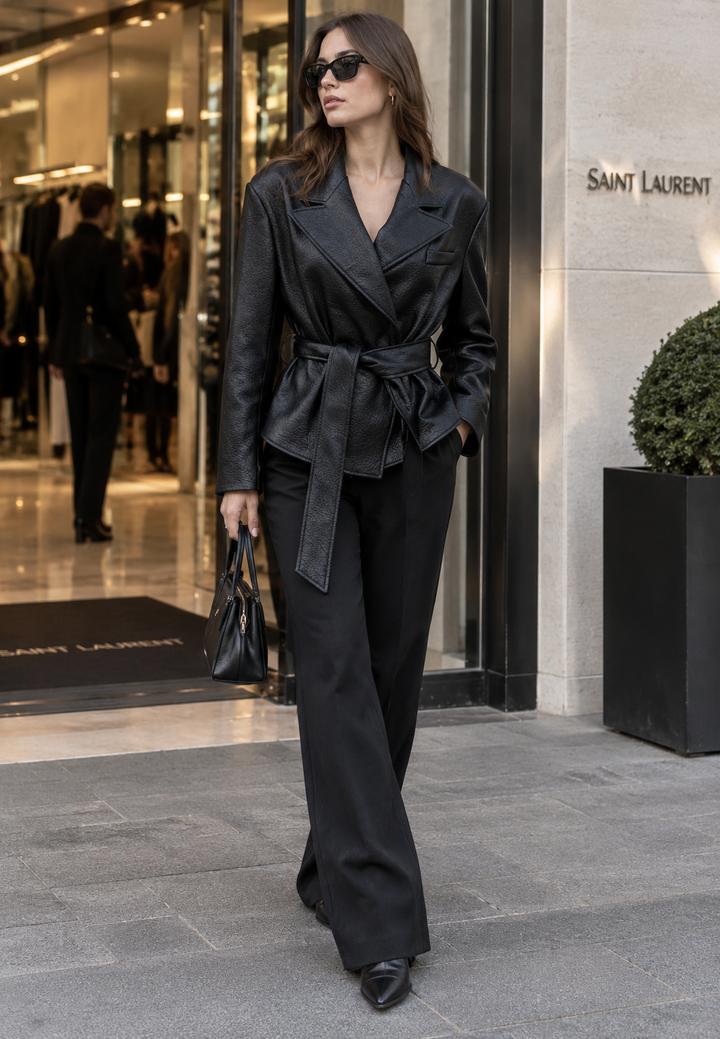 Blazer femme mi-saison, élégant et ceinturé, veste chic et structurée pour un look décontracté.