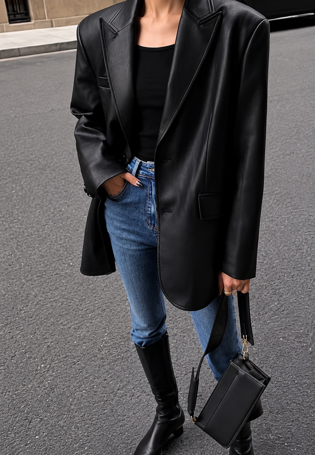 Blazer femme chic noir, coupe ample et col revers moderne, parfait pour l'automne. Veste élégante mode femme.